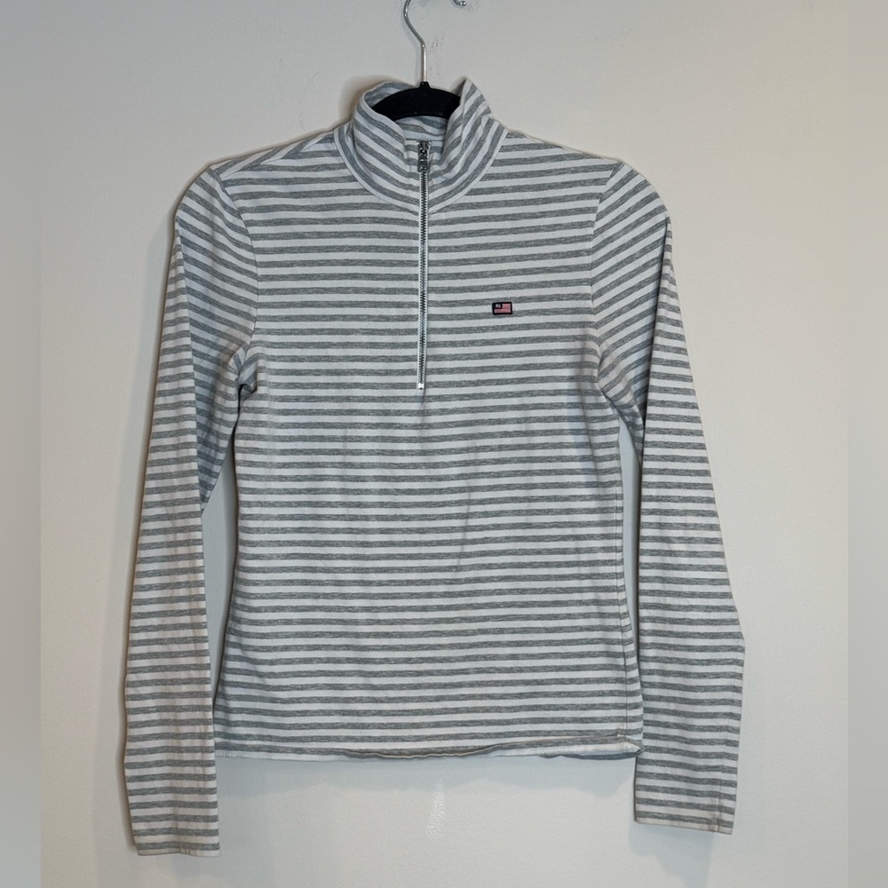 🔥Ralph Lauren Women’s Striped Gray and White Quarter-Zip Pullover Size S EUC🔥
